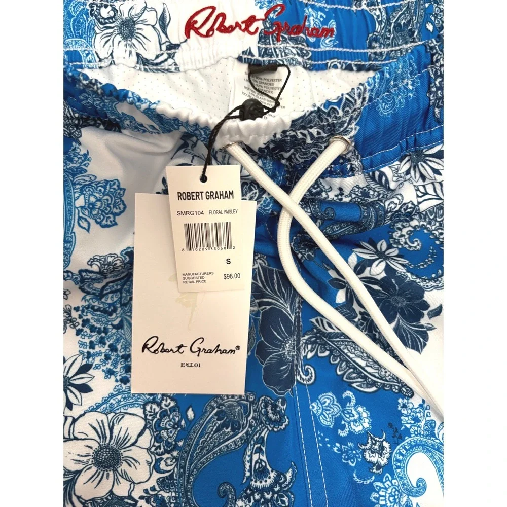 Robert Graham Swim Trunks Mens Small Blue Floral Paisley Stretch Lined Tropical